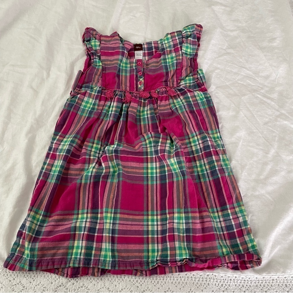 Tea Collection Sz 7 Girls Lucknow Pink & Green Plaid Tassel Dress